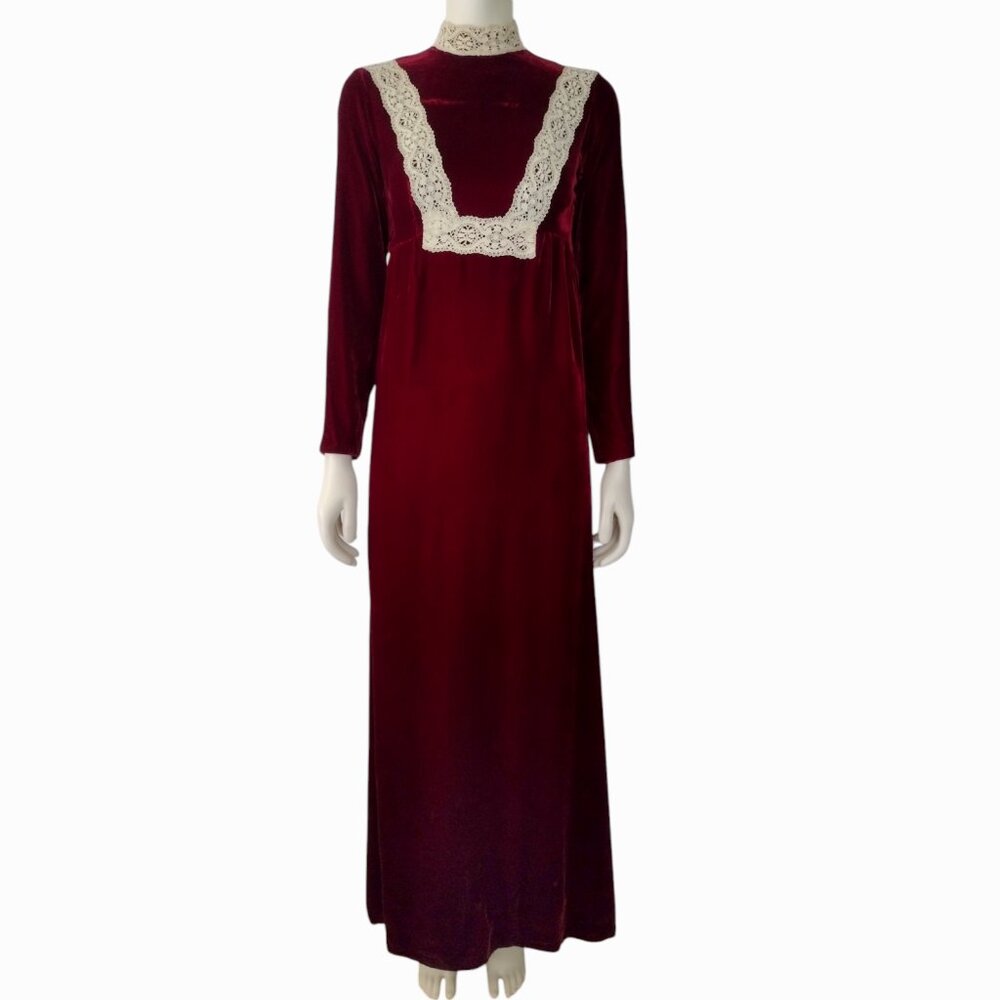 Vintage 1970s Red Velvet Empire Waist Long Sleeved Mock Neck Maxi Dress - Picture 4 of 13